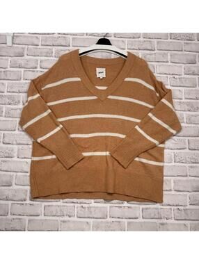 Aerie Camel and White‎ Striped V-neck Oversized Sweater Women's M